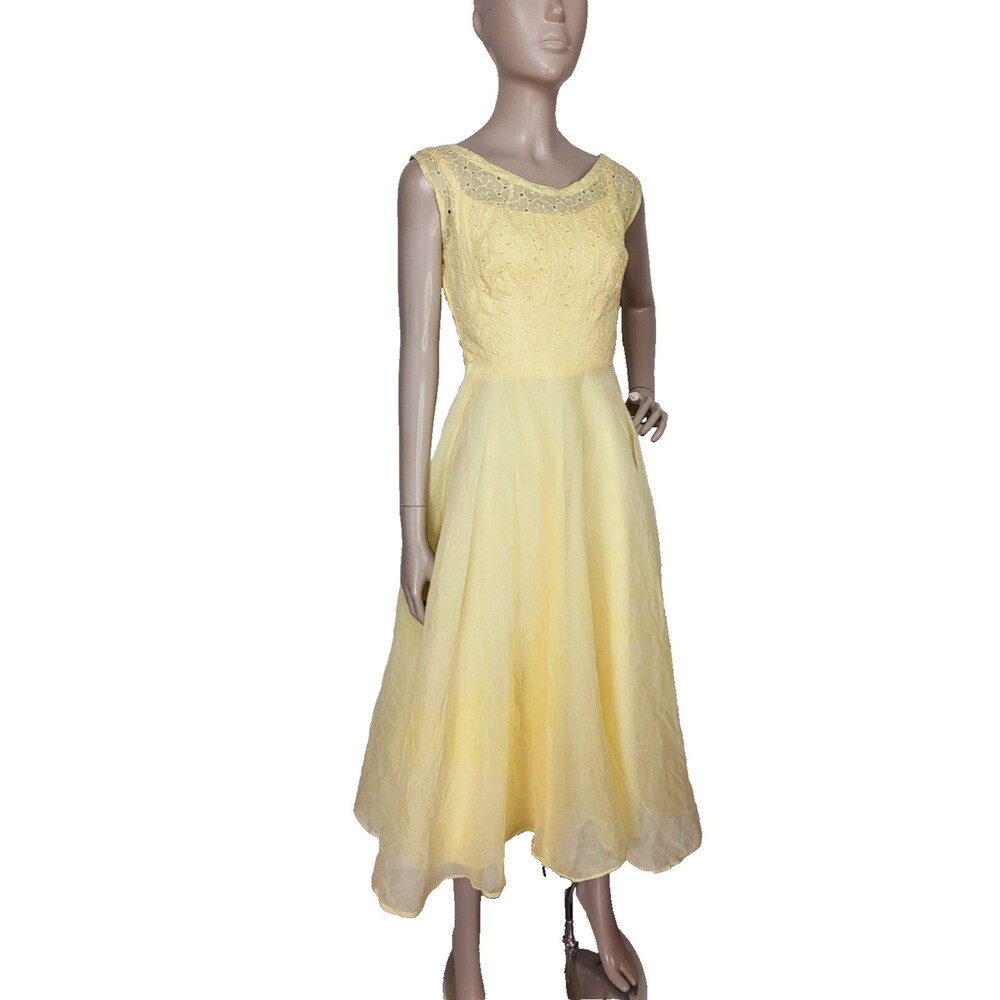 Vintage 50s Sleeveless Yellow Eyelet Bodice Chiffon Overlay Midi Party Dress